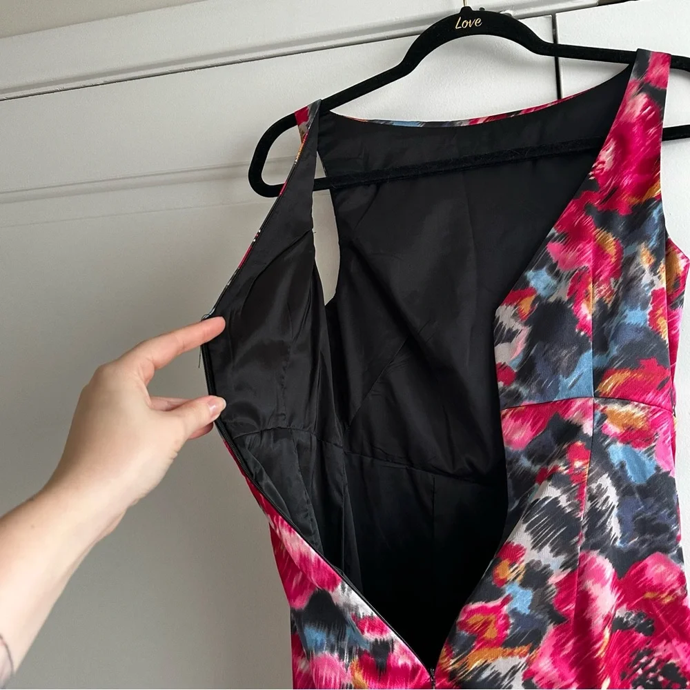 Maggy London Pink, Black and Grey Floral Satin Dress